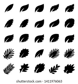 Set of twenty five leaf vector icon isolated on white background. Various symbol of leaves of trees and plants. Suitable for eco and bio logos.