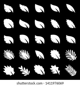 Set of twenty five  leaf vector icon isolated on black background. Various symbol of leaves of trees and plants. Suitable for eco and bio logos.