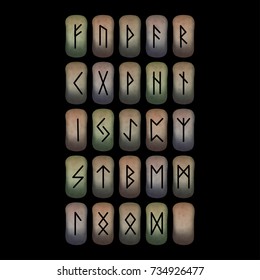 Set of twenty five old norse scandinavian and germanic magic runes (Elder Futhark) on multicolored mossy ancient stones, occult rune alphabet,  vector symbols (letters)