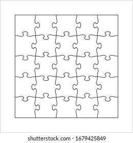 Set of twenty five puzzle pieces. Puzzle with different types of details and the ability to move each part. Black and white vector illustration