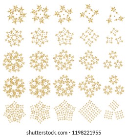 Set of twenty five snowflakes. Winter card Merry Christmas, New Year and Happy Holiday vector illustration. Christmas card with golden snowflakes on white background.