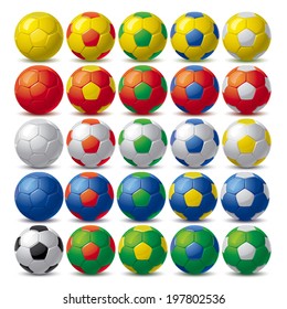 set of twenty five soccer balls in different colors
