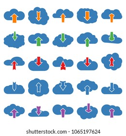 Set of twenty five upload and download clouds icons. Vector illustration.
