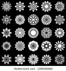 Set of twenty five vector white snowflakes on the black background, hand drawing design elements