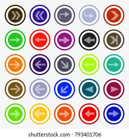 Set of twenty five white arrows to the right in colored circles.