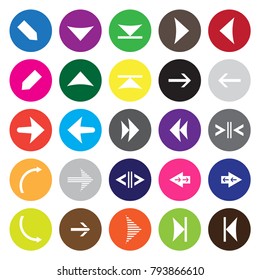Set of twenty five white arrows in colored circles.