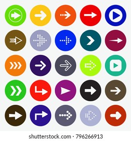 Set of twenty five white arrows to the right in colored circles.