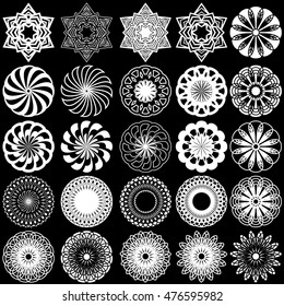 Set of twenty five white ornamental rotated objects on the black background, monochrome symmetrical vector stencils
