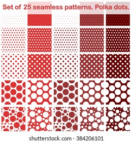 Set of twenty fives polka dots seamless patterns. Shades of red.