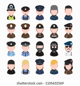 Set of twenty flat icons of police people