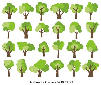 Conjunto de vinte e quatro diferentes árvores verdes desenhos animados isoladas sobre fundo branco. Ilustração vetorial