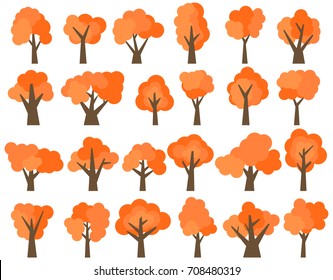 Set of twenty four different cartoon red trees isolated on white background. Vector illustration