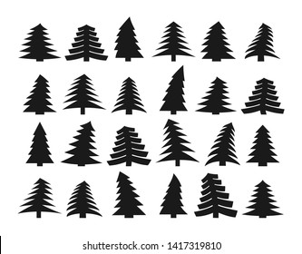 Set of twenty four different dark silhouettes of pines on a white background. Vector illustration
