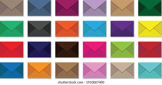 A set of twenty four multi-colored envelopes. Vector flat illustration. Envelopes for letters with shadow. Design for postcards, posters, textiles, things, backgrounds, icons, logos.
