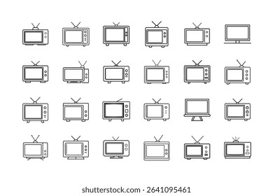 A set of twenty four television icons, each with a unique design, presented in a simple black and white line art style.