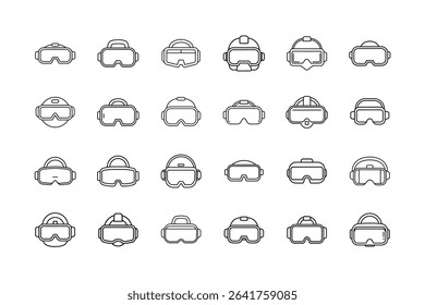 A set of twenty four VR headset icons in a simple outline style.