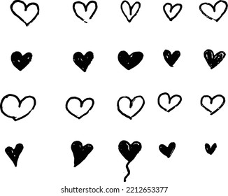 Set of twenty hand drawn heart. Handdrawn rough pen hearts isolated on white background. Vector illustration for your graphic design