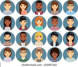 A set of twenty icons with the image of people's faces. Ethnic Africans and Europeans. Cute, smiling. On a white background. Cartoon.