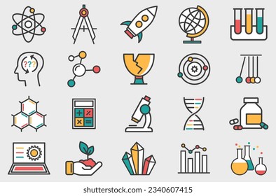 Set of twenty icons symbolizing different scientific sections - vector illustration