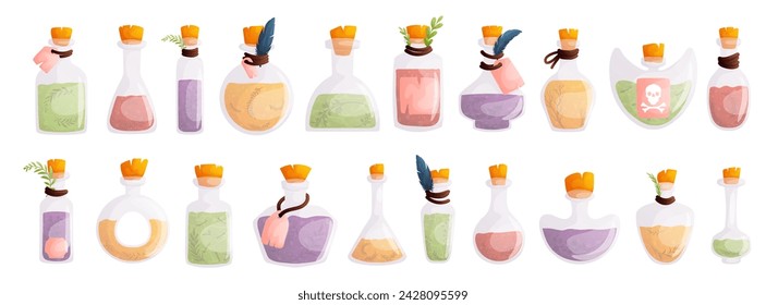 Set of twenty Magic bottles for witchcraft. Game potion. Cartoon elixir for strength mana and stamina, love potion poison and antidote in magic phials. Cartoon style