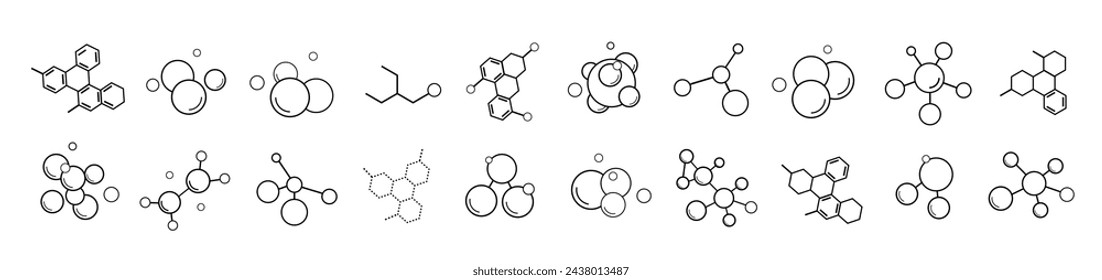 Un conjunto de veinte fórmulas moleculares, compuestos químicos sobre un fondo blanco. Estructura molecular, modelos de fórmula molecular para emblemas e insignias modernas. Vector EPS 10.