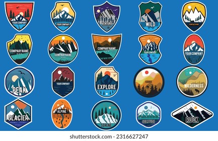 Set of twenty mountain travel emblems. Camping outdoor adventure emblems, badges and logo patches. Mountain tourism, hiking. Forest camp labels in vintage style