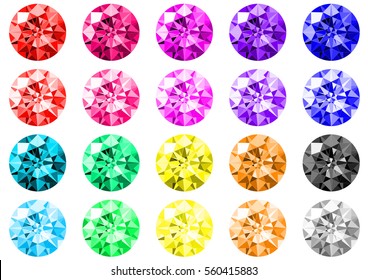 Set of twenty multicolored gems of classic round brilliant cut, top view. Vector illustration isolated on white background