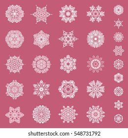 Set of twenty nine snowflakes and dots on a pink background. Showflakes icon collection. Starry Sky. Vector falling snow set.