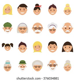 Set of twenty old age and youth avatar faces
