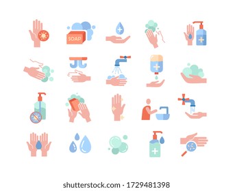 Set of twenty personal hygiene and hand washing icons depicting assorted soaps, sanitizers and people washing their hands, colored vector illustration