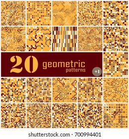 Set of twenty seamless geometric pattern with colored elements, vector abstract background, colorful geometric background