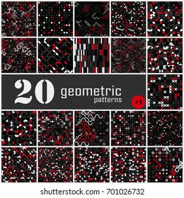 Set of twenty seamless geometric pattern with colored elements, vector abstract background, colorful geometric background
