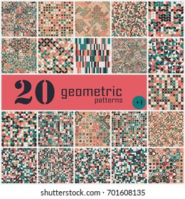 Set of twenty seamless geometric pattern with colored elements, vector abstract background, colorful geometric background