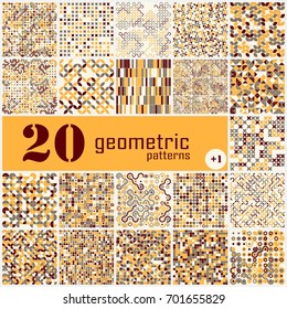 Set of twenty seamless geometric pattern with colored elements, vector abstract background, colorful geometric background