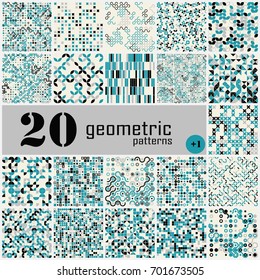 Set of twenty seamless geometric pattern with colored elements, vector abstract background, colorful geometric background