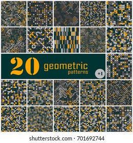Set of twenty seamless geometric pattern with colored elements, vector abstract background, colorful geometric background