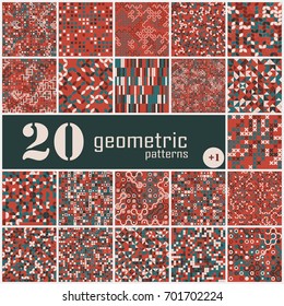 Set of twenty seamless geometric pattern with colored elements, vector abstract background, colorful geometric background