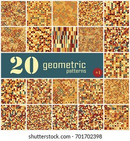 Set of twenty seamless geometric pattern with colored elements, vector abstract background, colorful geometric background
