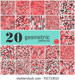 Set of twenty seamless geometric pattern with colored elements, vector abstract background, colorful geometric background