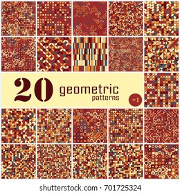 Set of twenty seamless geometric pattern with colored elements, vector abstract background, colorful geometric background