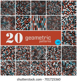 Set of twenty seamless geometric pattern with colored elements, vector abstract background, colorful geometric background