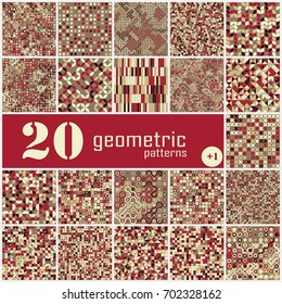 Set of twenty seamless geometric pattern with colored elements, vector abstract background, colorful geometric background