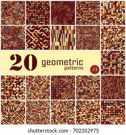 Set of twenty seamless geometric pattern with colored elements, vector abstract background, colorful geometric background