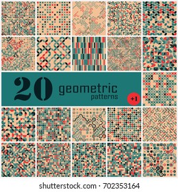 Set of twenty seamless geometric pattern with colored elements, vector abstract background, colorful geometric background