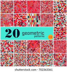Set of twenty seamless geometric pattern with colored elements, vector abstract background, colorful geometric background