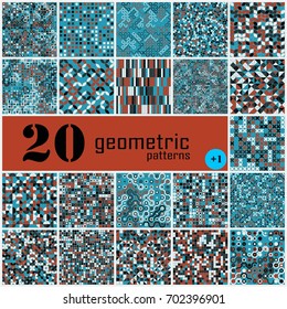 Set of twenty seamless geometric pattern with colored elements, vector abstract background, colorful geometric background