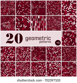 Set of twenty seamless geometric pattern with colored elements, vector abstract background, colorful geometric background