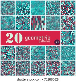 Set of twenty seamless geometric pattern with colored elements, vector abstract background, colorful geometric background