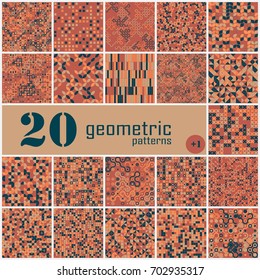 Set of twenty seamless geometric pattern with colored elements, vector abstract background, colorful geometric background