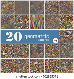 Set of twenty seamless geometric pattern with colored elements, vector abstract background, colorful geometric background